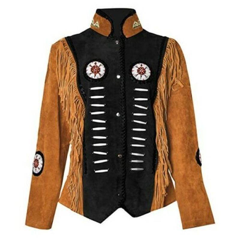 Cowgirl Black Suede Leather Bone Beaded Fringes Jacket WWJ556