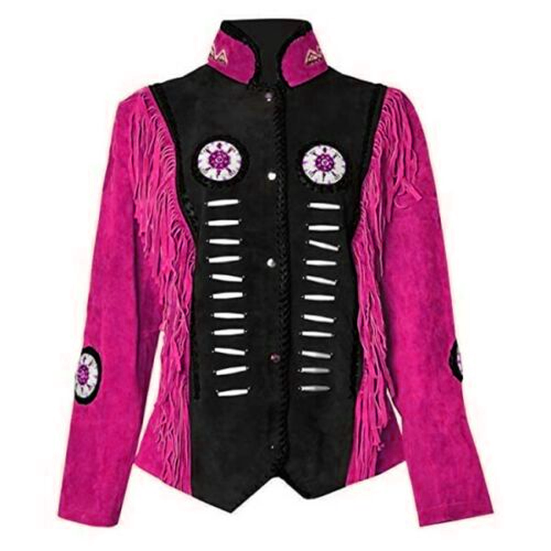 Cowgirl Black Suede Leather Bone Beaded Fringes Jacket WWJ556