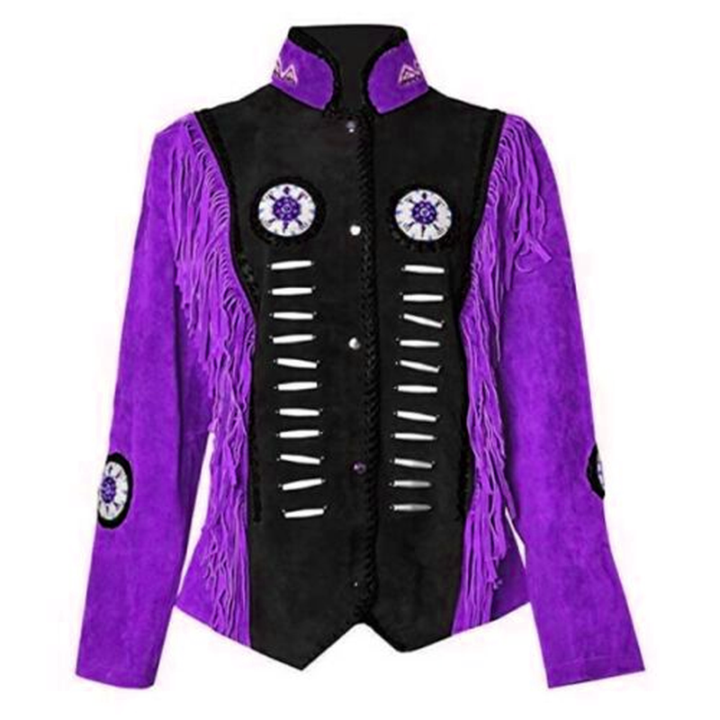 Cowgirl Black Suede Leather Bone Beaded Fringes Jacket WWJ556