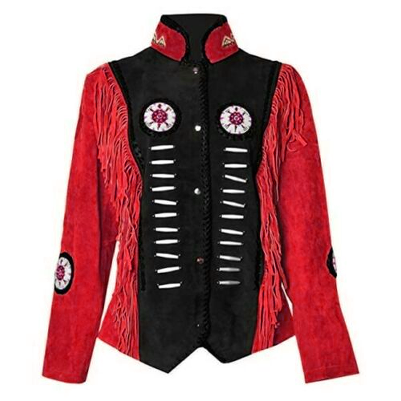 Cowgirl Black Suede Leather Bone Beaded Fringes Jacket WWJ556
