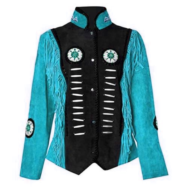 Cowgirl Black Suede Leather Bone Beaded Fringes Jacket WWJ556