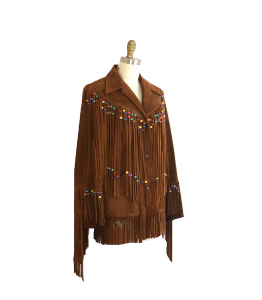 Brown suede jacket with fringe and colorful beads on a mannequin against a white background