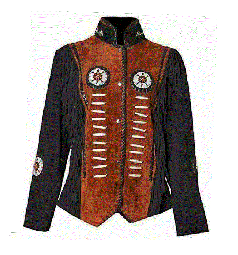Cowgirl Black Suede Leather Bone Beaded Fringes Jacket WWJ556