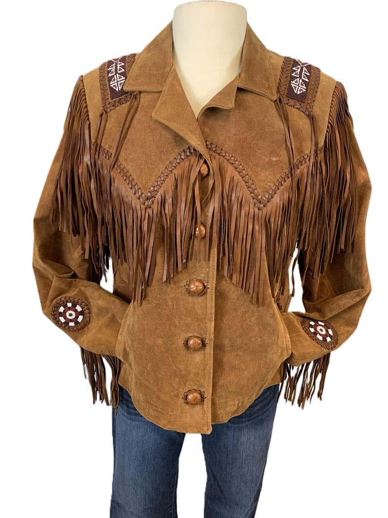 Brown suede jacket with fringes and embroidery on a mannequin against a white background