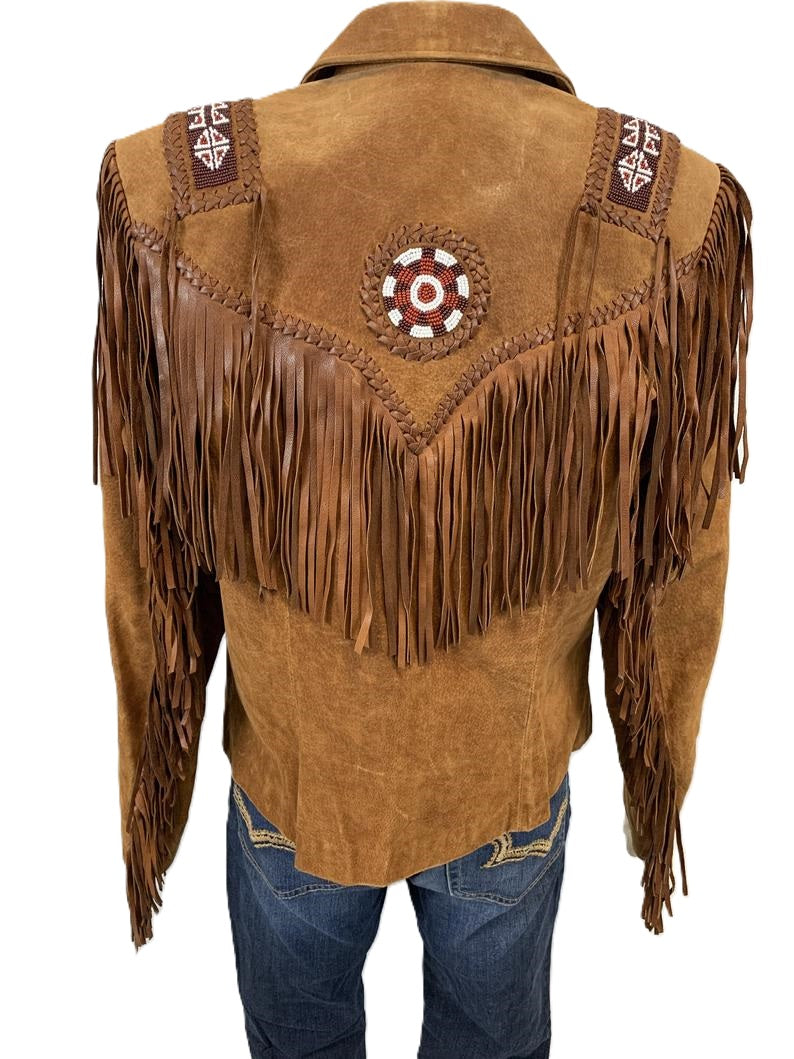 Brown suede jacket with fringes and decorative back panel on a white background