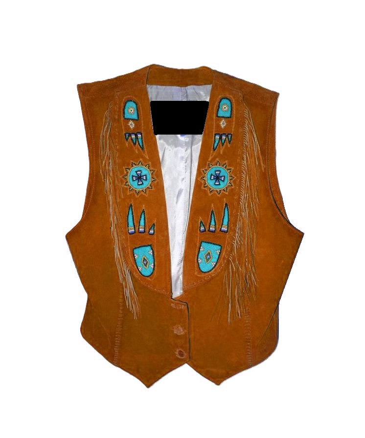 Black Suede Leather Fringe Paw Beaded Vest For Cowgirls CGV428