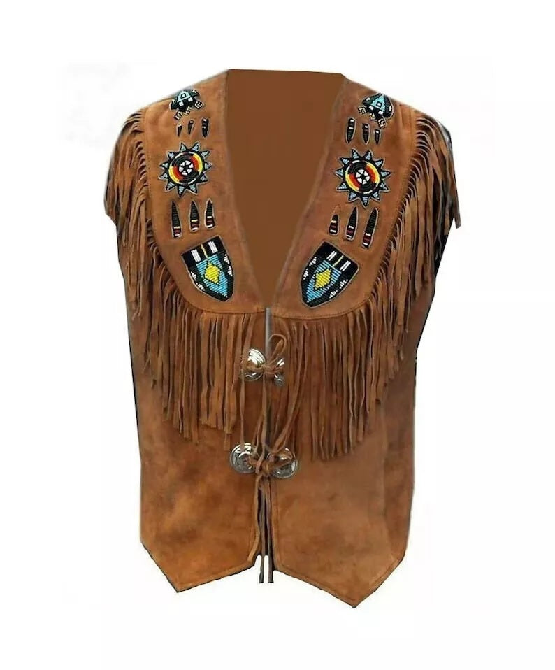 Men's Western Brown Suede Leather Fringe Beaded Vest MV505