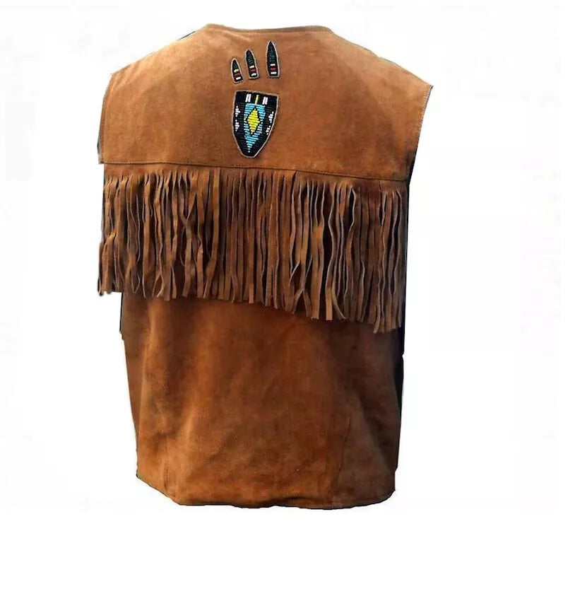 Men's Western Brown Suede Leather Fringe Beaded Vest MV505