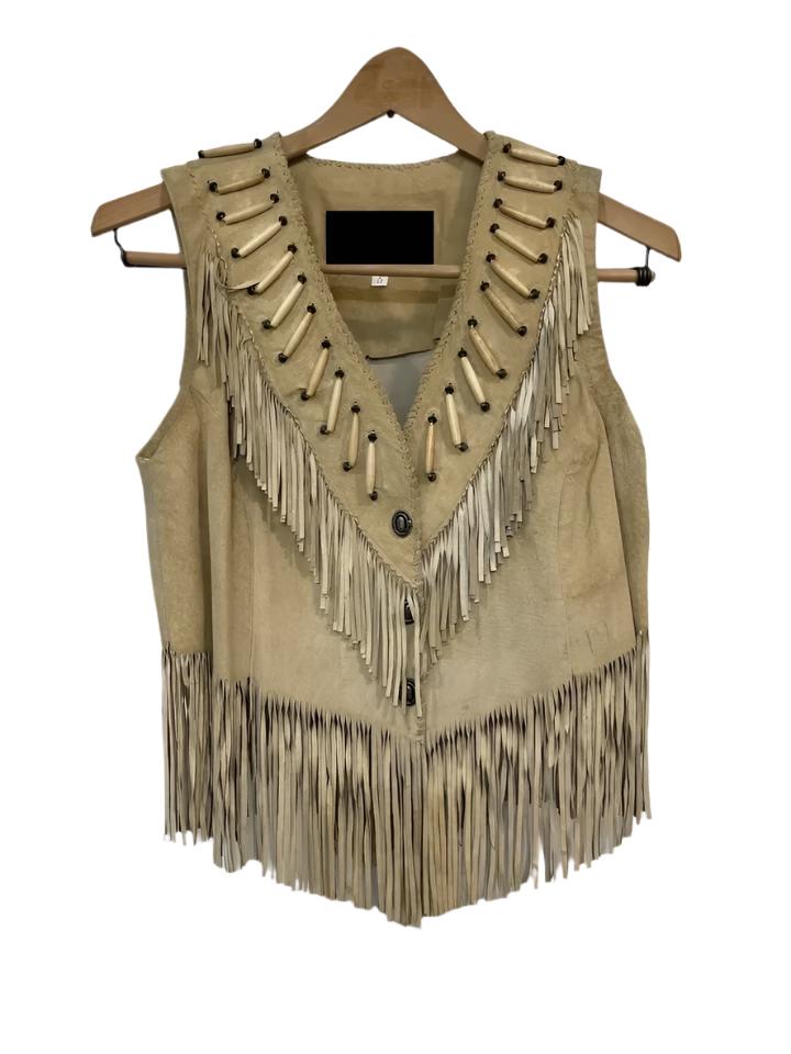 Cowgirl's Western Beige Suede Leather Fringe Bone Work Vest CGV498