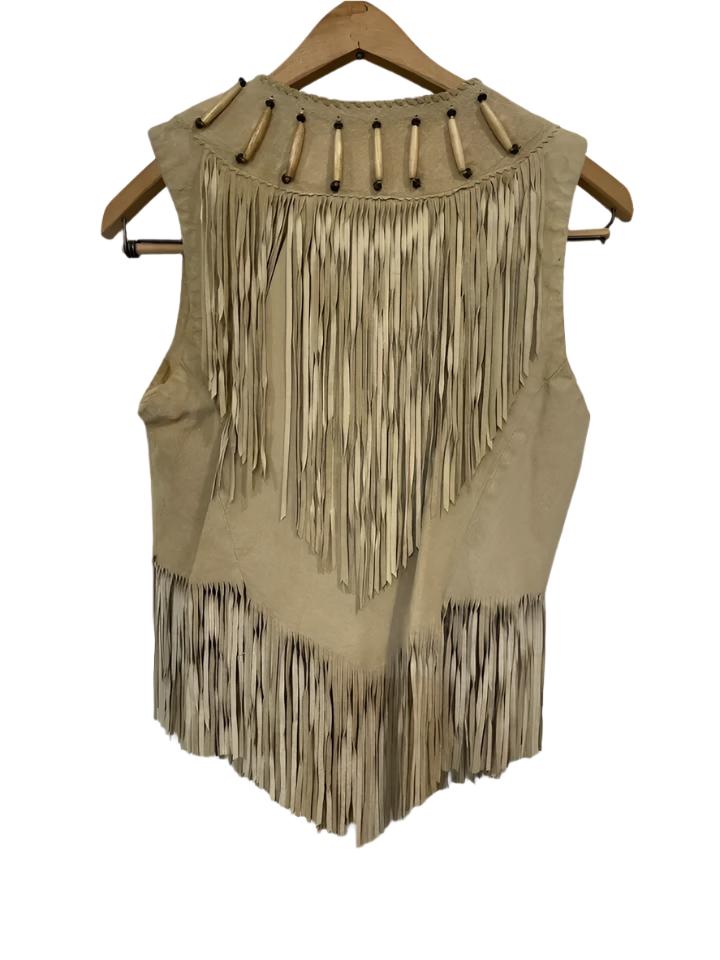 Cowgirl's Western Beige Suede Leather Fringe Bone Work Vest CGV498