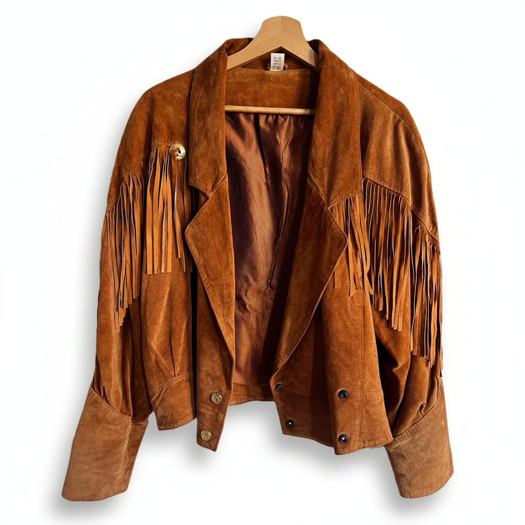 A brown suede leather cowgirl jacket with fringe detailing on the sleeves and front.