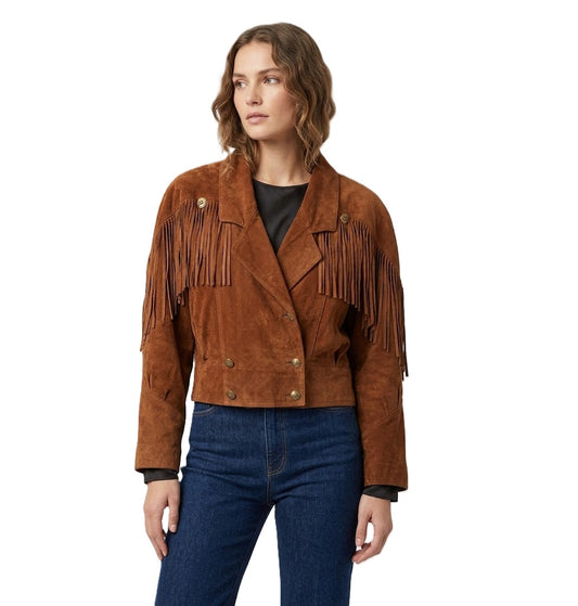 Woman wearing a brown suede jacket with fringe details crop top jacket