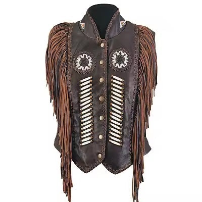 Brown leather vest with fringe and decorative elements on a white background