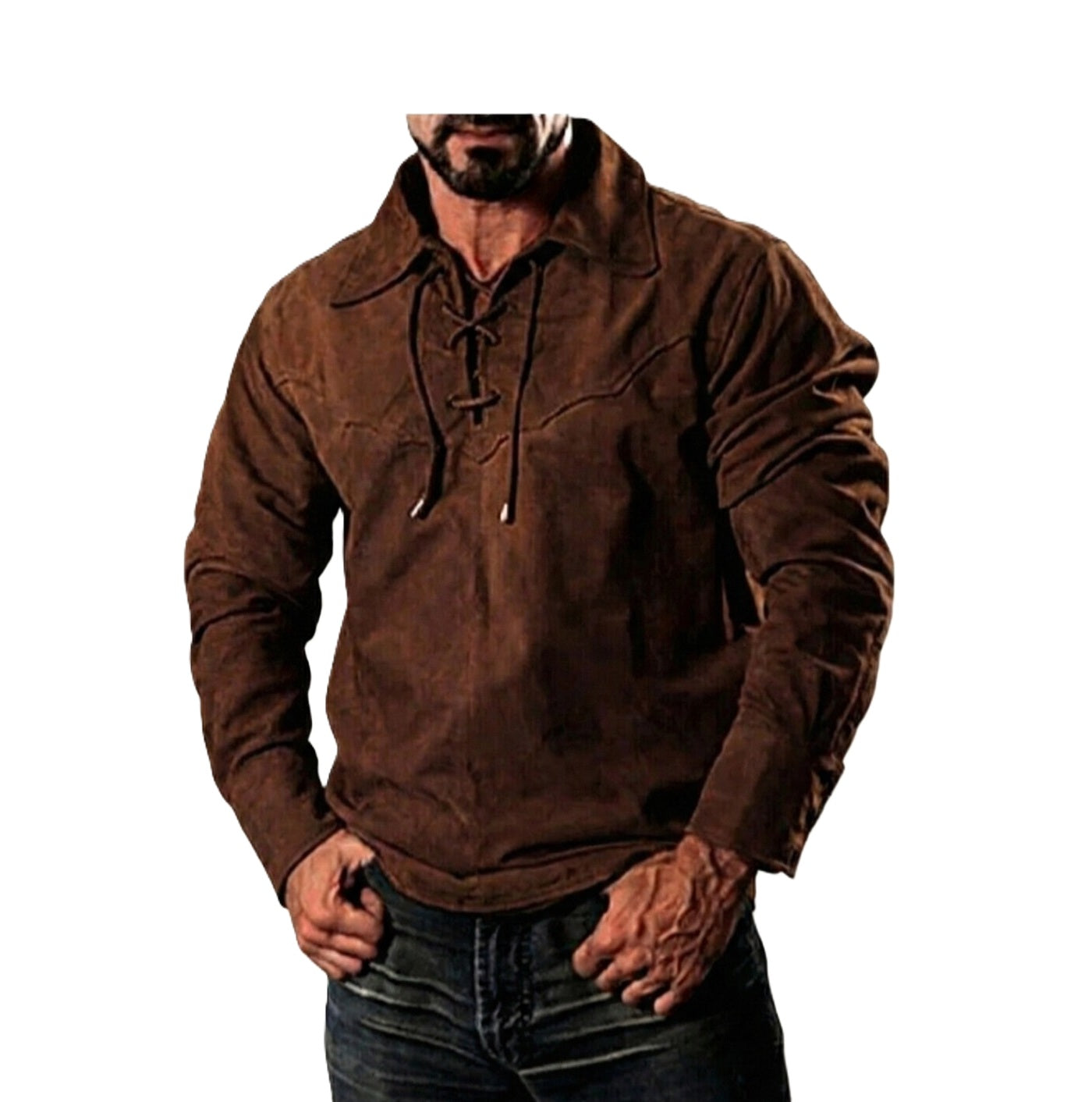 Brown suede jacket worn by a person on a white background