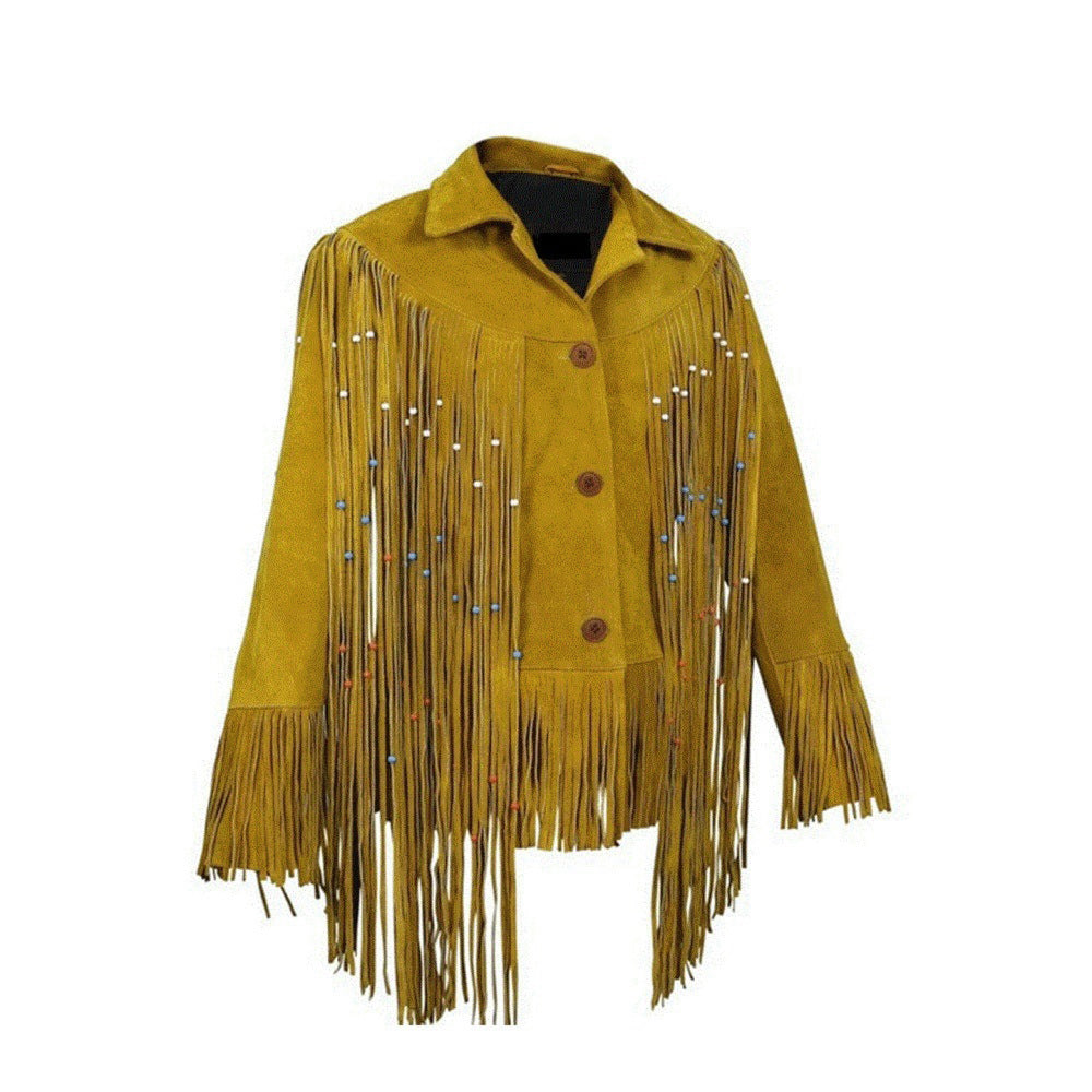 Brown Suede Leather Long Beaded Fringes Jacket For Women WWJ578