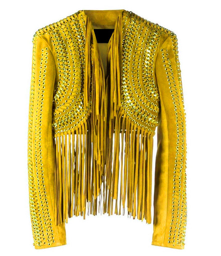 Brown Leather Long Fringe Silver Chains Crop Jacket For Women WWJ913