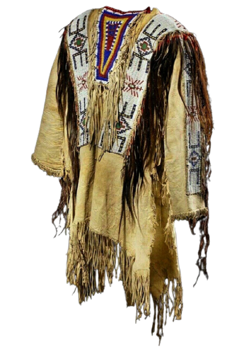 Old Style Beige Buckskin Suede Hide Fringes Beaded Powwow War Shirt NA830