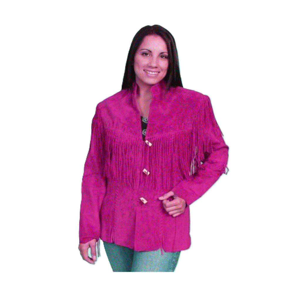 hot pink suede leather coat with fringes for woman