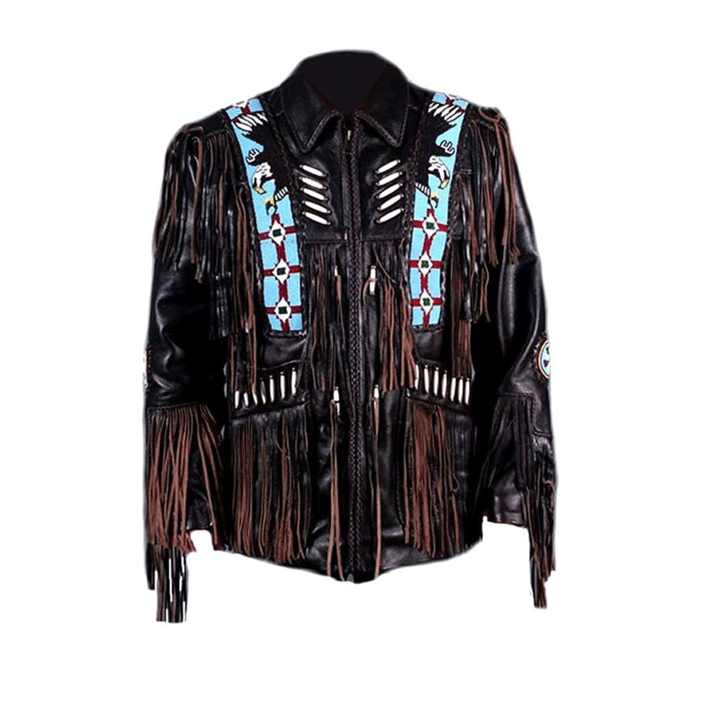 Men's White Leather Fringe Native American Eagle Beaded Jacket MW813