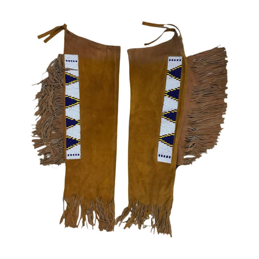 Native American Style Fringe Beaded Tan Leather Chaps Leggings NCP181