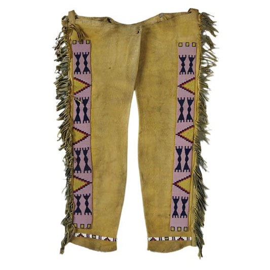 Native American Style Fringe Beaded Tan Leather Chaps Leggings NCP182