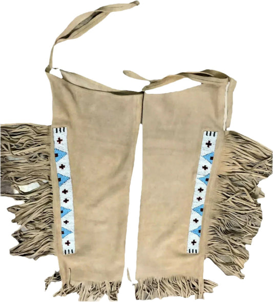 Native American Style Fringe Beaded Beige Leather Chaps Leggings NCP183