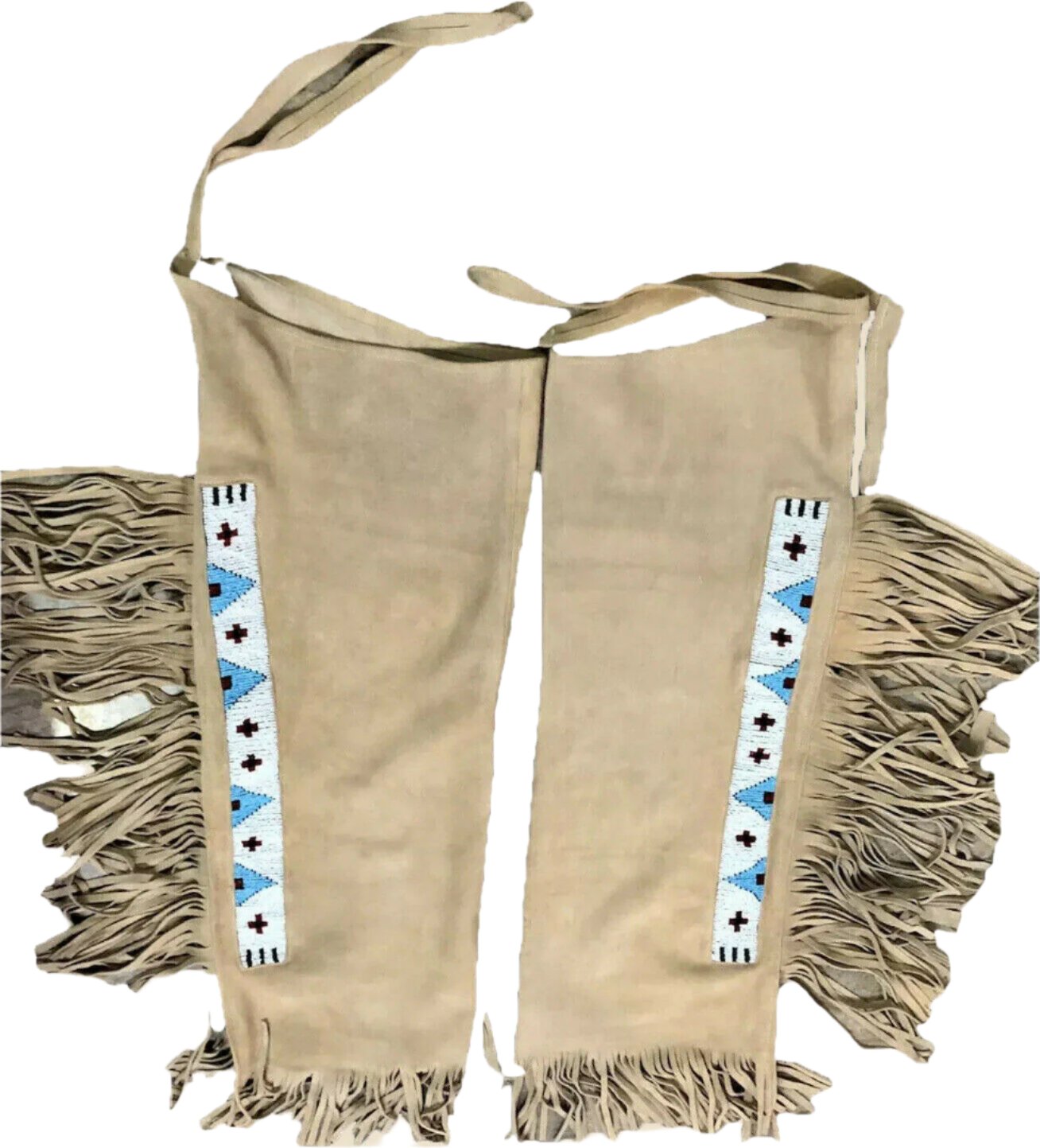 Native American Style Fringe Beaded Beige Leather Chaps Leggings NCP183