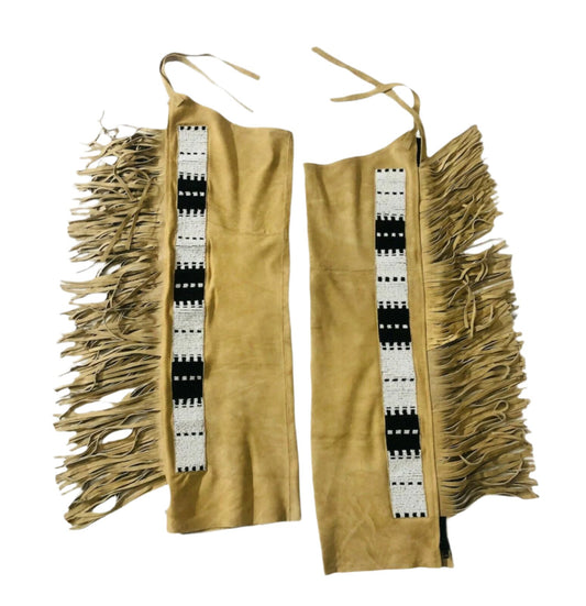 Native American Style Fringe Beaded Tan Leather Chaps Leggings NCP183