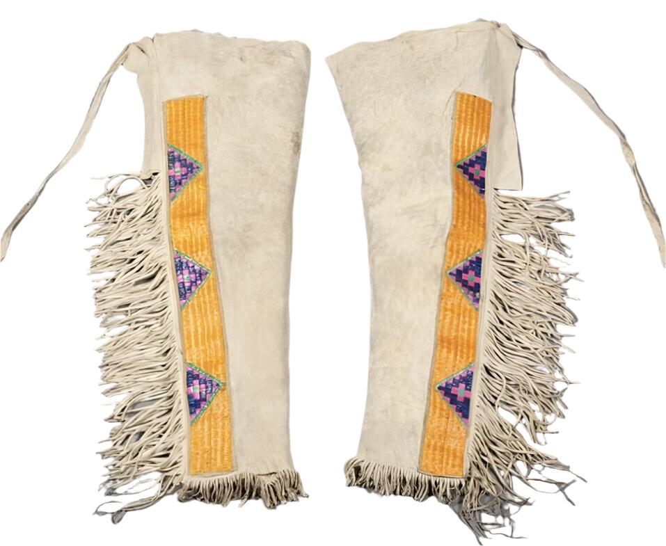 Native American Style Beaded Beige Leather Fringe Chaps Leggings NCP486