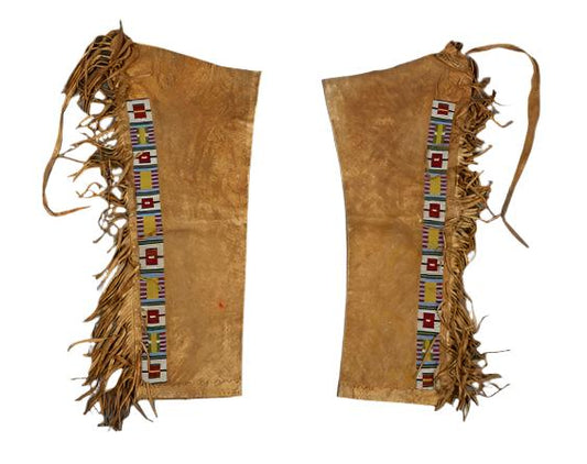 Native American Style Beaded Tan Leather Chaps Leggings NCP194