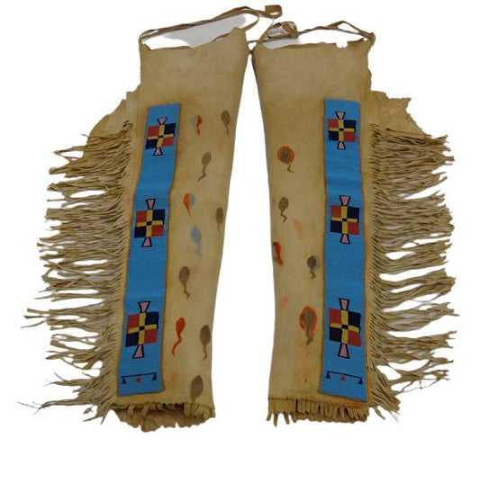 Native American Style Fringe Beaded Tan Leather Chaps Leggings NCP214