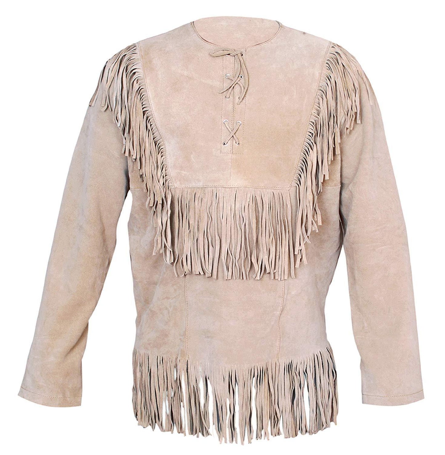 Men's Western Beige Buckskin Suede Hide Mountain Man Fringes Pullover Shirt MMS107