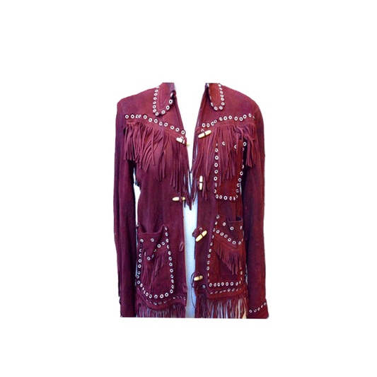 Maroon Suede Leather Fringe Studded Jacket For Women WWJ523