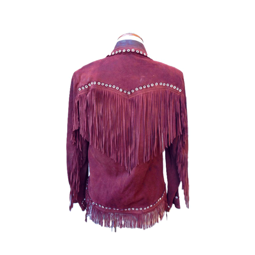 Maroon Suede Leather Fringe Studded Jacket For Women WWJ523