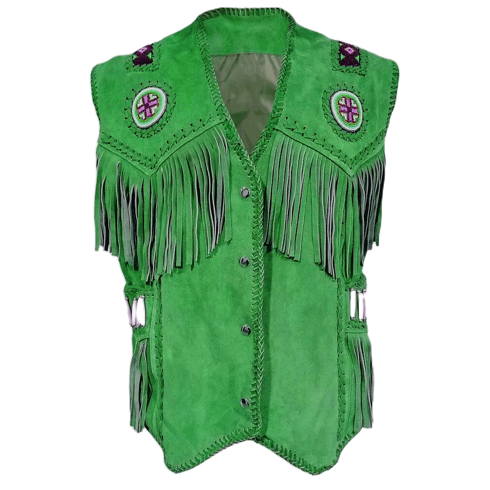 Cowgirl's Western Green Suede Leather Fringe Beaded Vest CGV509