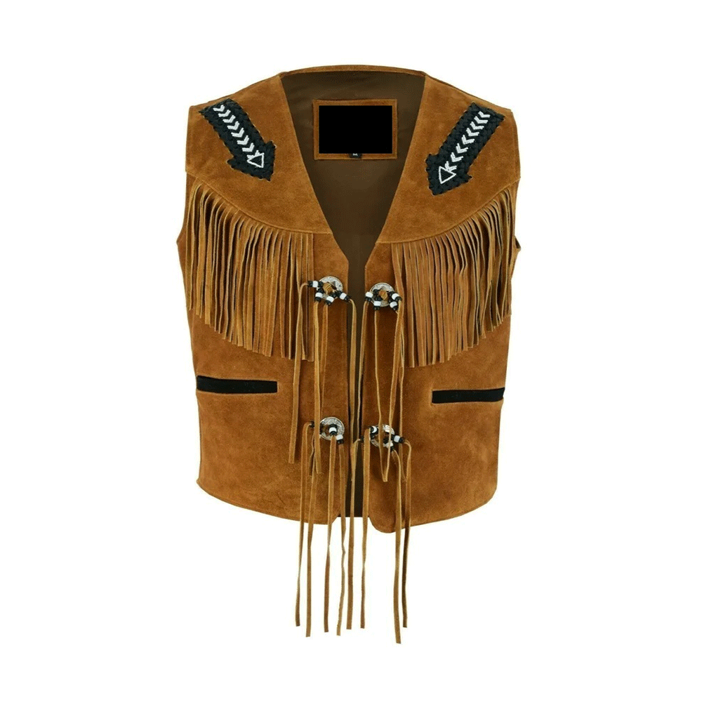 Men's Western Black Suede Leather Fringe Arrow Beaded Vest MV512
