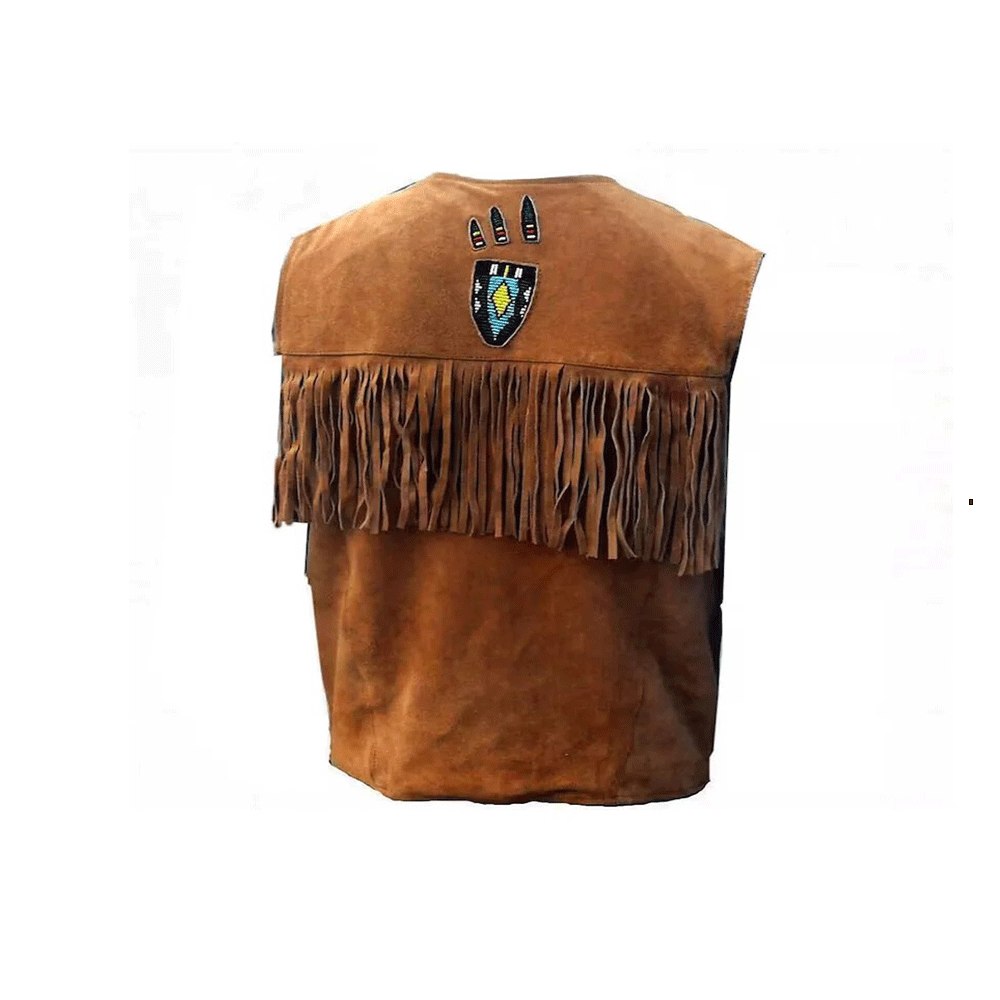 Men's Western Brown Suede Leather Fringe Beaded Vest MV505