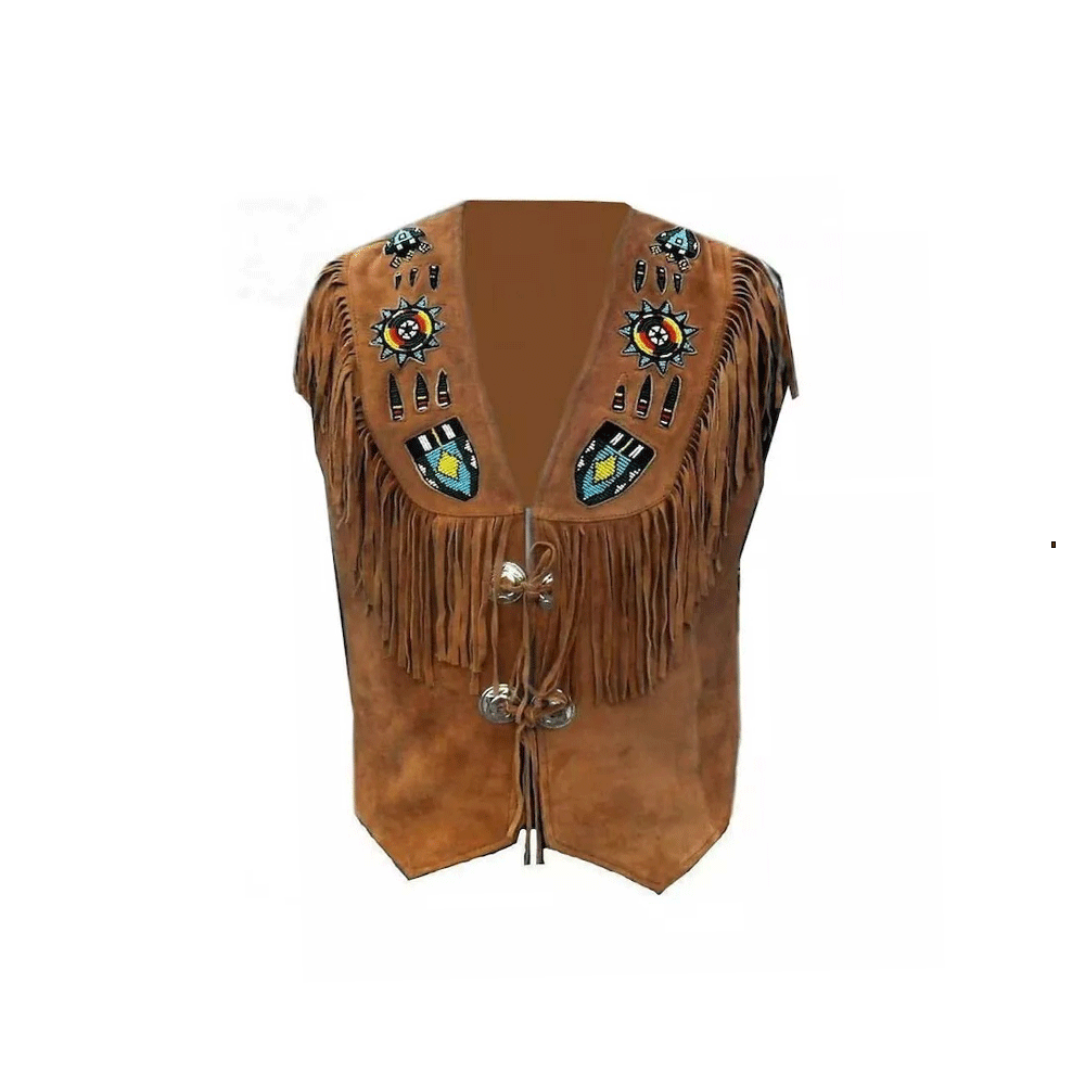 Men's Western Brown Suede Leather Fringe Beaded Vest MV505