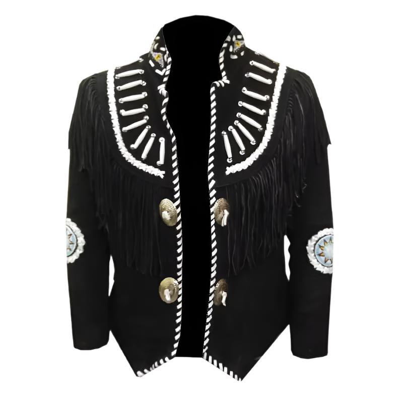 Men's Western Black Suede Leather Fringe Bone Beaded Jacket MW887