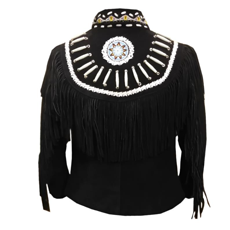 Men's Western Black Suede Leather Fringe Bone Beaded Jacket MW887