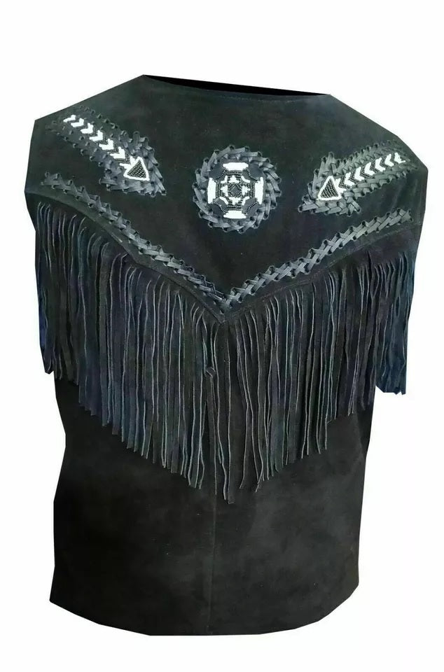Men's Western Black Suede Leather Fringe Arrow Beaded Vest MV512