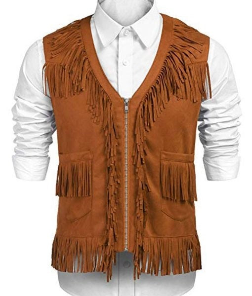 Men's Western Brown Suede Leather Fringes Vest MV507