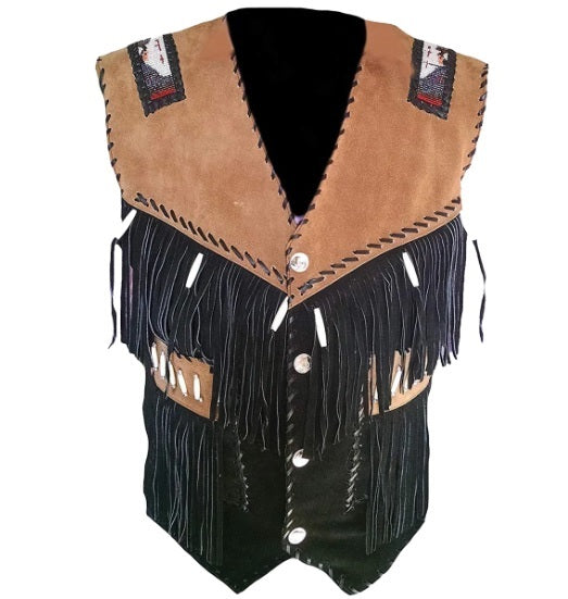 Men's Western Black & Brown Suede Leather Fringe Beaded Vest MV513