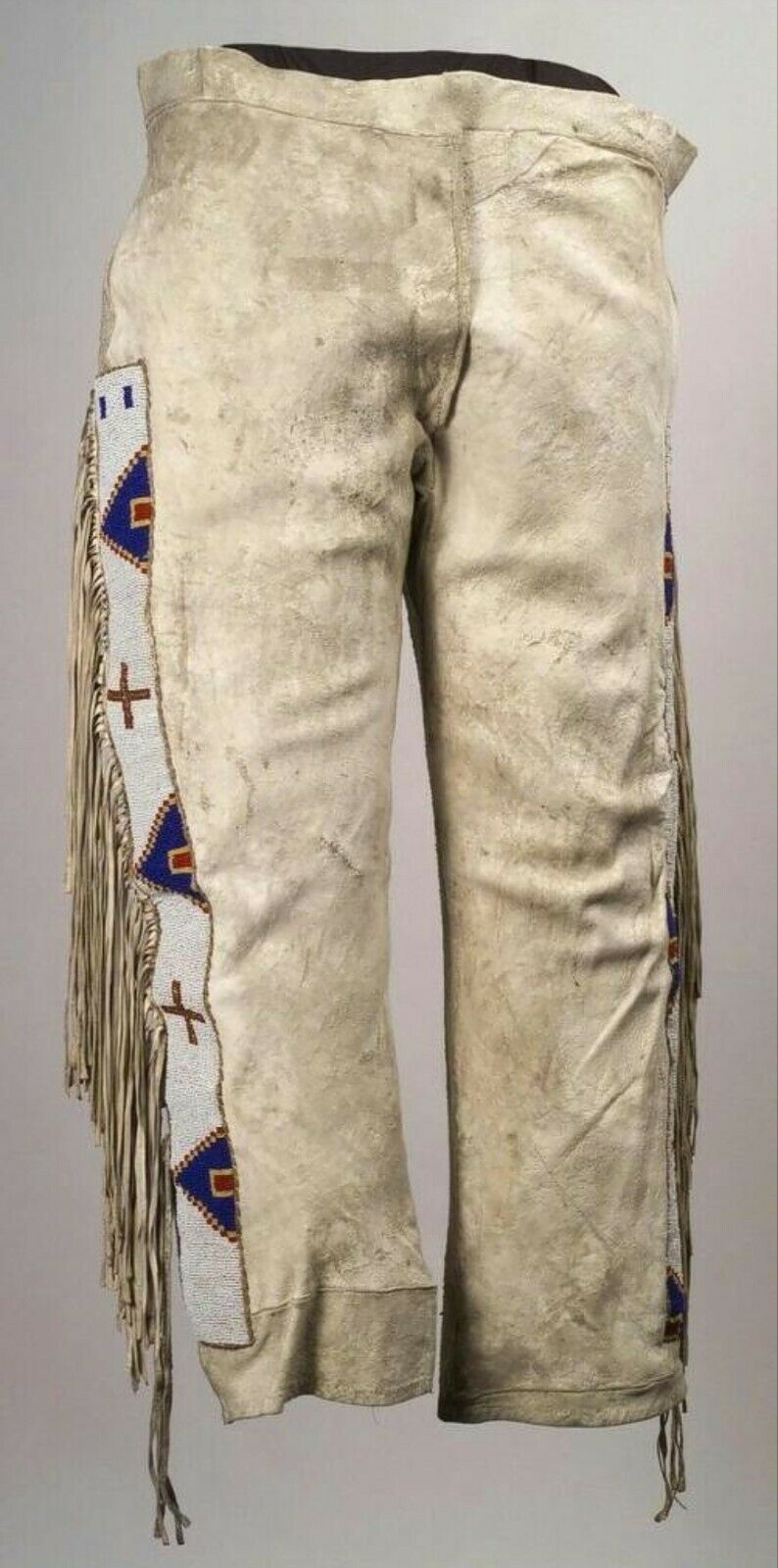 Native Men's Beige Buckskin Suede Leather Fringes Beaded Pants NP102