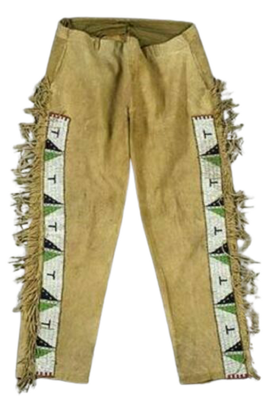 Native Men's Beige Buckskin Suede Leather Fringes Beaded Pants NP101