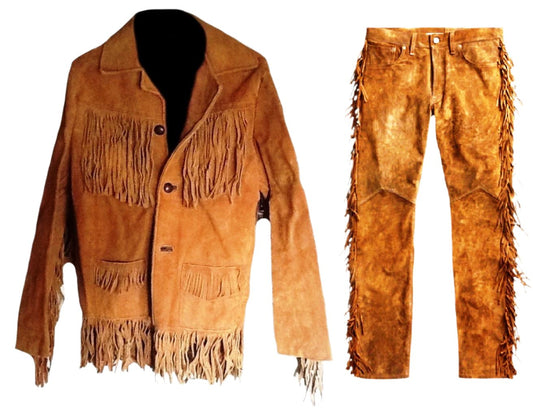 Western Brown Suede Leather Fringe Suits Jacket & Pant WJP102