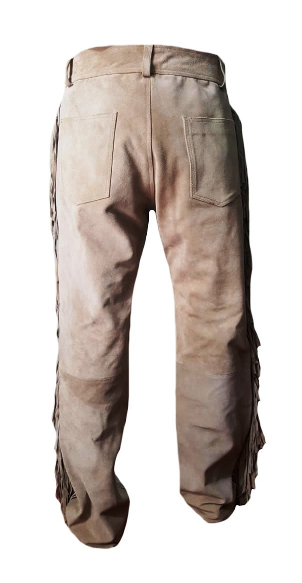 Men's New Beige Buckskin Suede Leather Western Fringes Pants BGP26