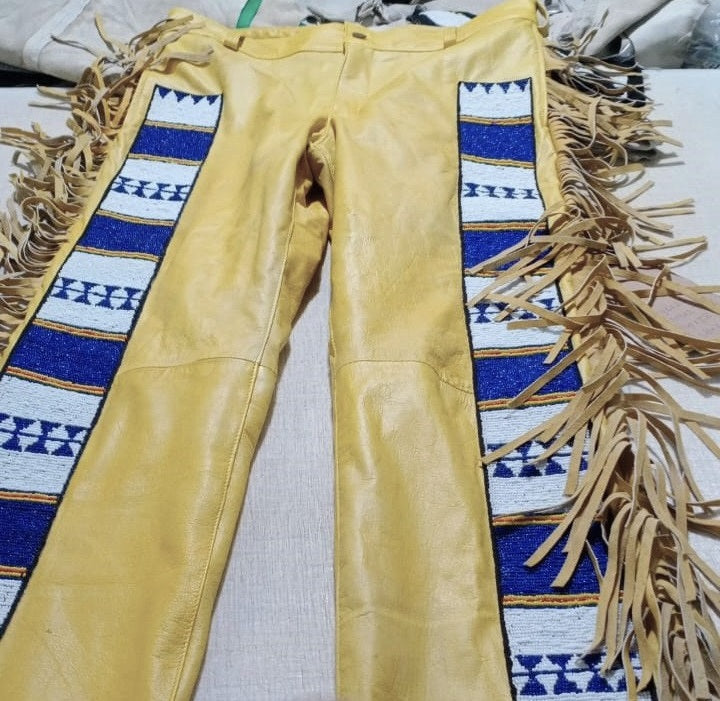 Native Men's Tan Buckskin Leather Fringes Beaded Pants Hand Colored NLP136