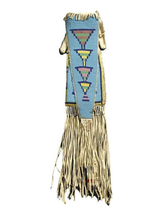 An old Native American beaded tobacco pipe bag with intricate geometric patterns and fringes.