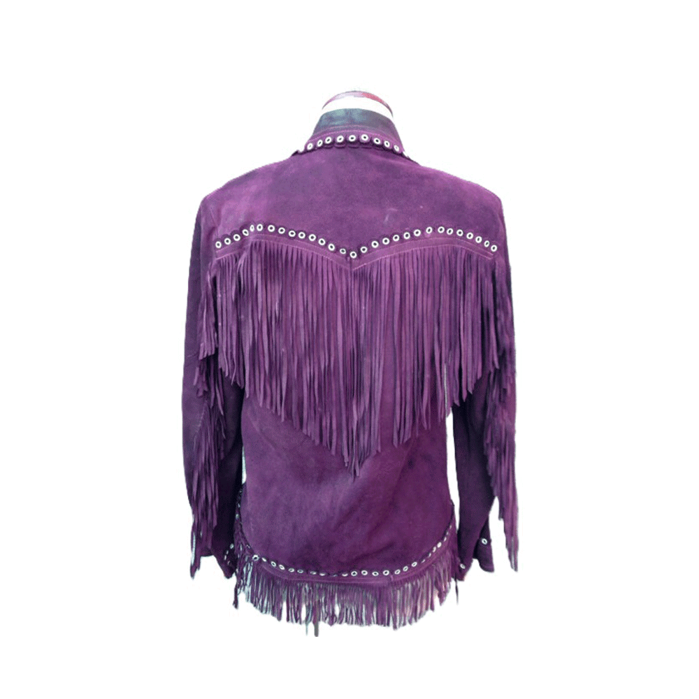 Maroon Suede Leather Fringe Studded Jacket For Women WWJ523